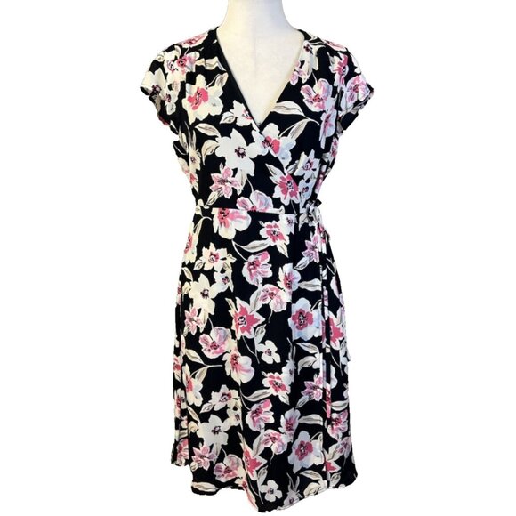 Banana Republic Midi Wrap Dress 12P 12 P Blue Pink Floral Short Sleeve Washable - Picture 1 of 9